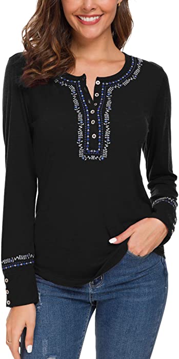 Urban CoCo Women's Long Sleeve Boho Shirt Embroidered Top