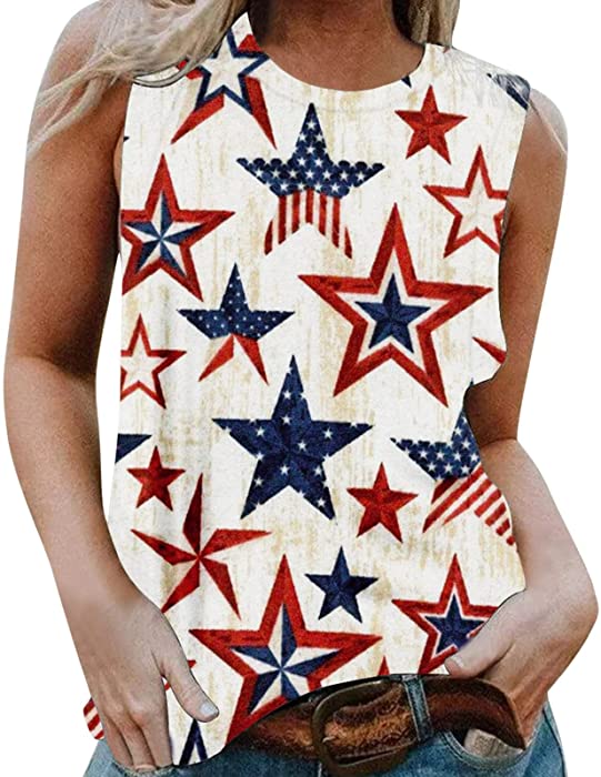 Women's Patriotic Shirt USA Flag Letters Print Sleeveless Tank Top Summer Casual Crewneck 4th of July Graphic Tee Tops