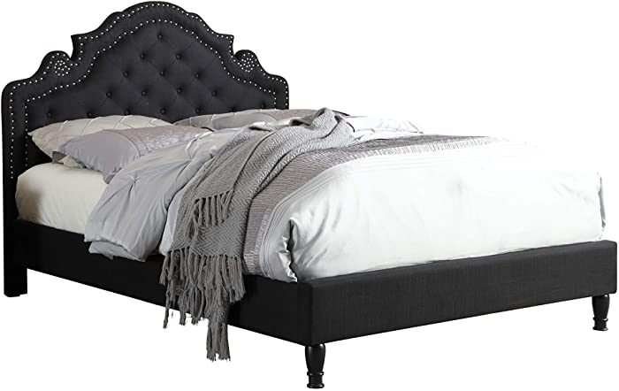 HomeLife Premiere Classics 51" Tall Platform Bed with Cloth Headboard and Slats - King (Black Linen)