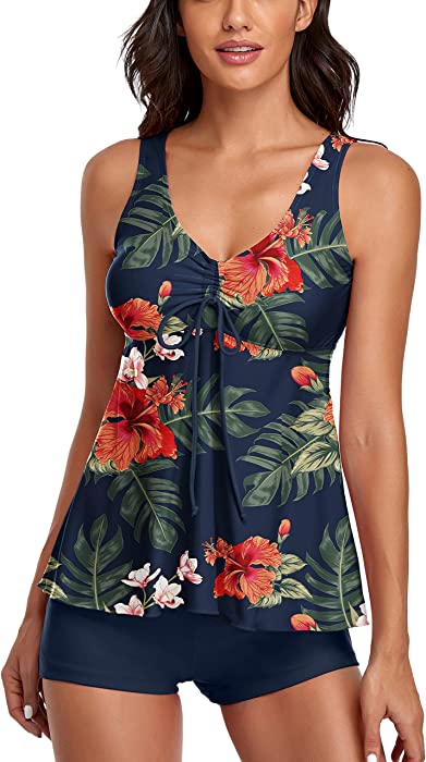 Modest Tankini Swimsuits for Women Two Piece Bathing Suits Floral Print Tank Top with Boyshorts Tummy Control Swimming Suits