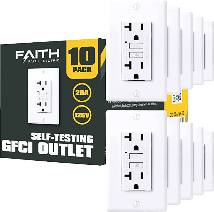 Faith [10-Pack] 20A GFCI Outlets, Non-Tamper-Resistant GFI Duplex Receptacles with LED Indicator, Self-Test Ground Fault Circuit Interrupter with Wall Plate, ETL Listed, White, 10 Piece