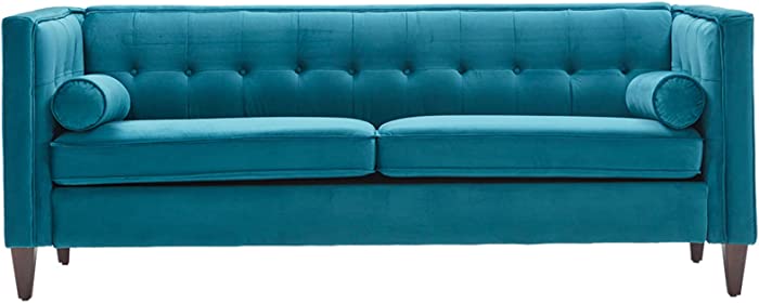 Dreamsir 78'' W Velvet Sofa, Mid-Century Love Seats Sofa Furniture with Bolster Pillows, Button Tufted Couch for Living Room, Tool-Free Assembly (Sofa, Peacock Blue)