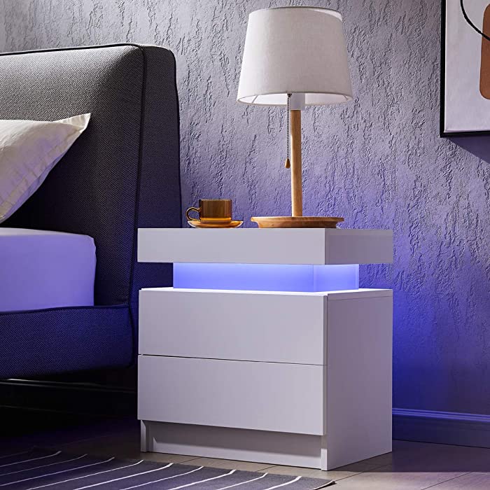 Generic Bedside Table with 2 Drawers, LED Nightstand Wooden Cabinet Unit with LED Lights for Bedroom, End Table Side Table for Bedroom Living Room, White