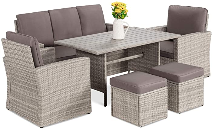 Best Choice Products 7-Seater Conversational Wicker Sofa Dining Table, Outdoor Patio Furniture Set w/Modular 6 Pieces, Cushions, Protective Cover Included - Gray/Gray
