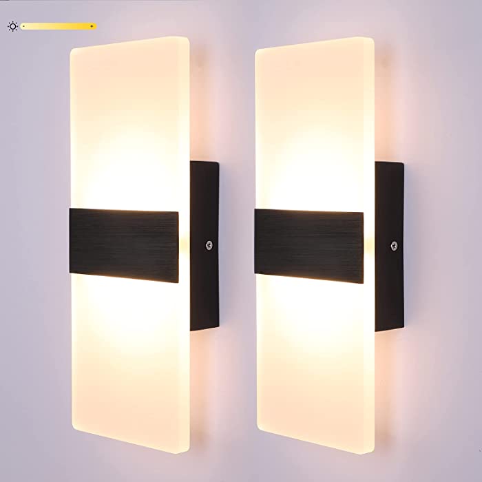 LIGHTESS Modern Wall Sconce Dimmable Wall Lighting 12W Black Indoor LED Wall Lamp Set of 2 Hardwired Wall Mounted Lighting Fixture for Bedroom Living Room Hallway, Warm White