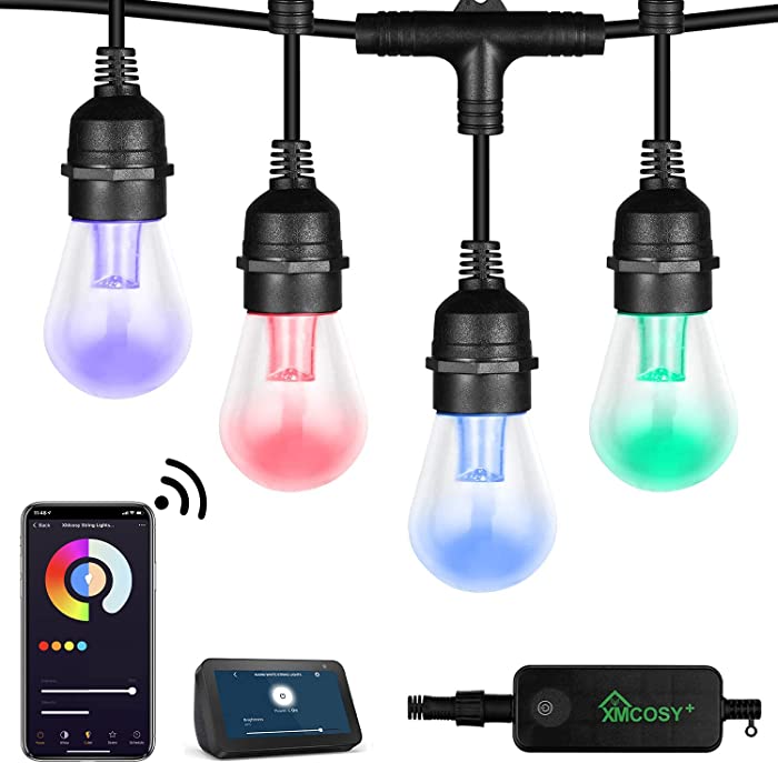 XMCOSY+ Outdoor String Lights, 49Ft Patio Lights RGB, LED Smart String Lights Outdoor, App & WiFi Control Color Changing String Lights with Dimmable 15 LED Bulbs, Works with Alexa IP65 Waterproof