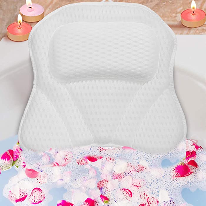 Luxury Spa Bath Pillows for Tub Neck and Back Support with 6 Strong Non-Slip Suction Cups and Comfortable Washable 3D Air Mesh Bath Pillow Fits Bathtub, Hot Tub（White）