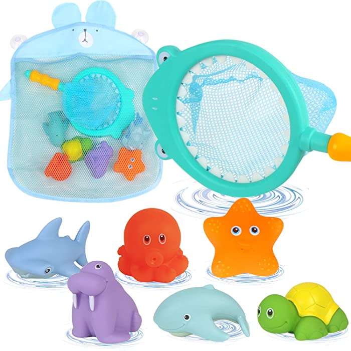 LOMIMOS 8PCS Bath Toy,Floating Squirt Animal with Fishing net,Storage Bag in Bathtub for Child,Change with Temperature