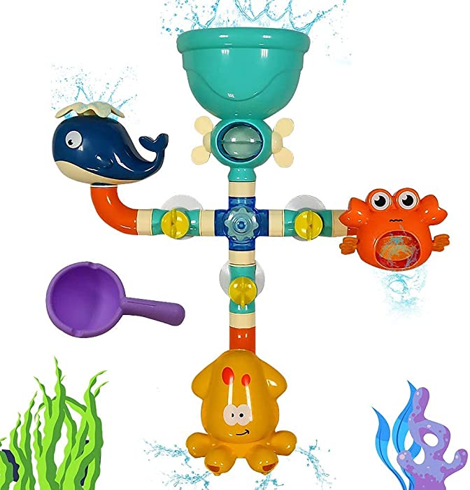 WISHTIME Bath Toys for Kids Ages 3 4 5 Toddlers Boys Girls, Infrant Bathtub Toys Waterfall Fill Spin and Flow, Interactive Water Bath Pipes Toy Set with Strong Suction Cups