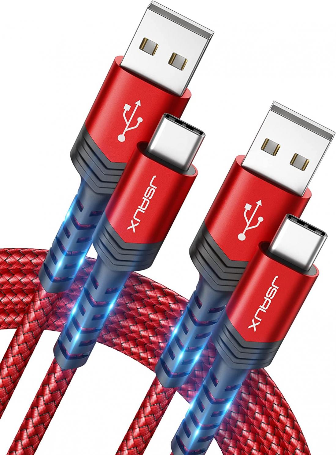 USB-C to USB A Cable 3.1A Fast Charging [2-Pack 6.6ft], JSAUX USB Type C Charger Cord Compatible with Samsung Galaxy S20 S10 S9 S8 A73 A51 A13, Note 20 10, LG G8 G7, PS5 Controller USB C Charger-Red