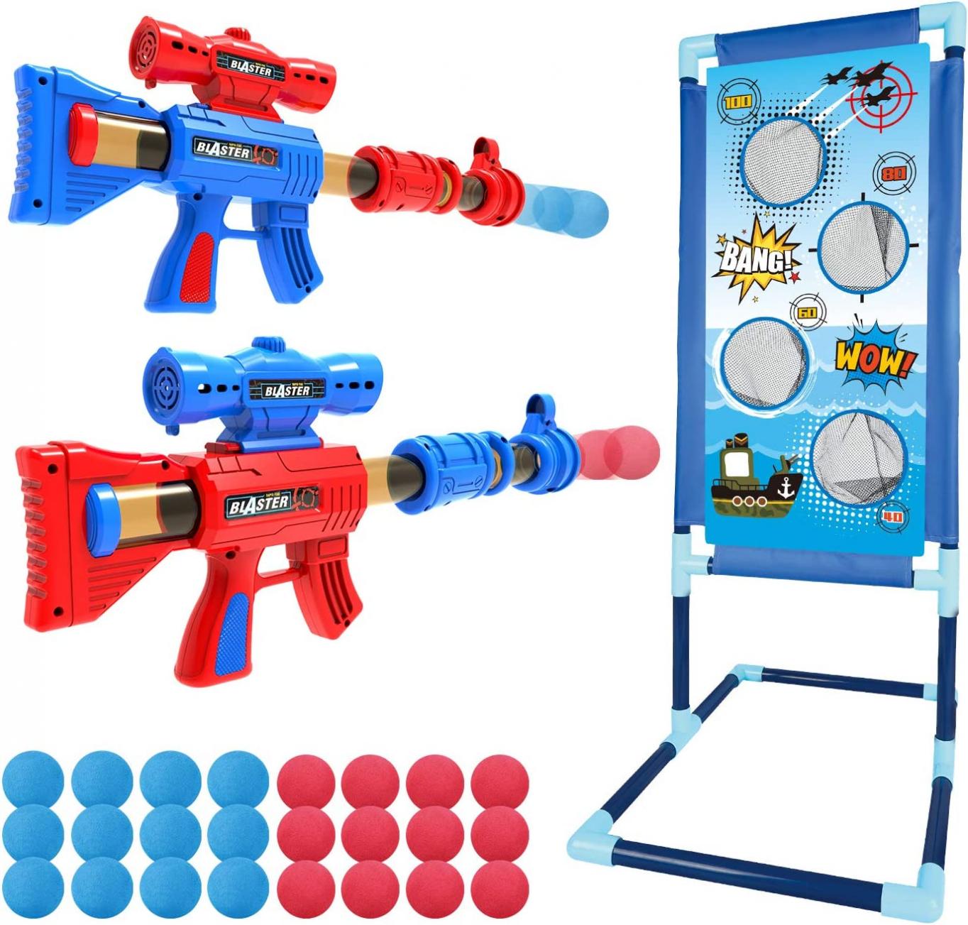 YEEBAY Shooting Game Toy for Age 6, 7, 8,9,10+ Years Old Kids, Boys - 2pk Foam Ball Popper Air Guns & Shooting Target & 24 Foam Balls - Ideal Gift - Compatible with Toy Guns