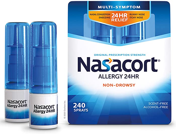 Nasacort Allergy 24HR Nasal Spray for Adults, Non-Drowsy & Alcohol-Free, 120 Sprays,, 0.57 Fl Oz (Pack of 2) (738565)