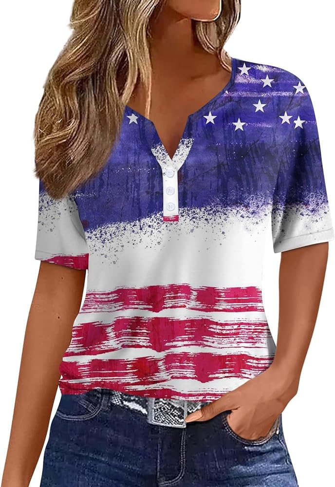 4th of July Shirts Women Casual Elegant Independence Day Blouses Shirts Tees Sexy Cute V Neck Tops Tshirts