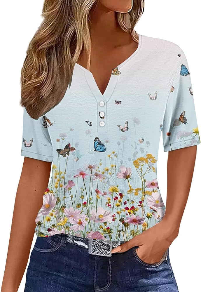 Womens Summer Casual Floral Printed Tops Short Sleeved Button Up V-Neck Shirts Loose Tunic Tops Comfy Blouse