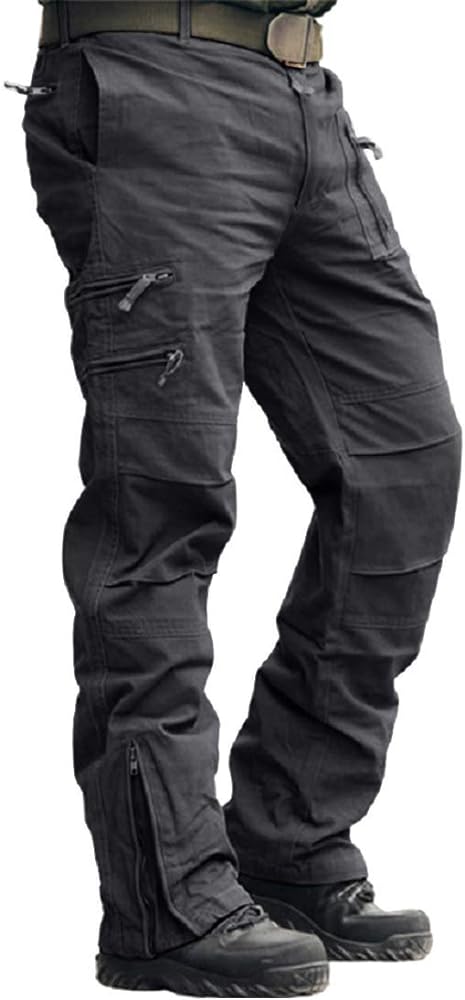 CRYSULLY Men's Cotton Multi-Pockets Work Pants Tactical Outdoor Military Army Cargo Pants (No Belt)