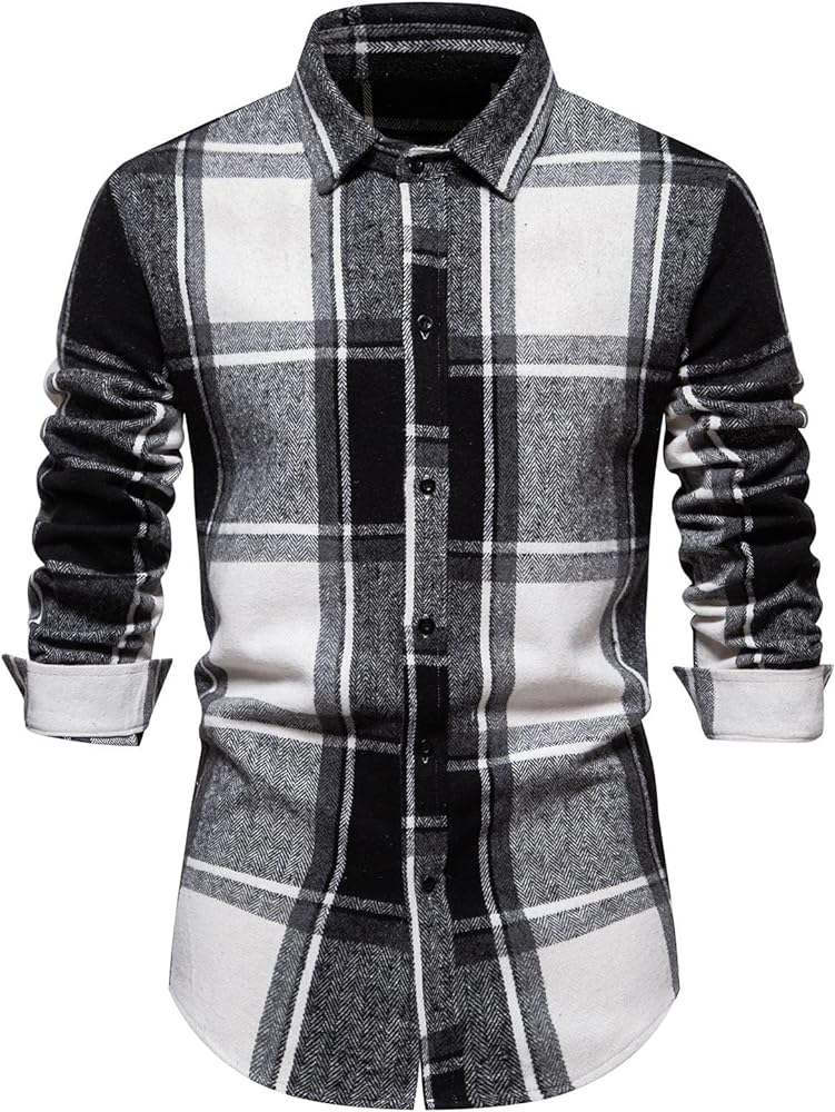 Stessotudo Long Sleeve Shirts for Men Flannel Plaid Button Down Overshirt Lapel Checkered Wool Blend Casual Fall Clothes