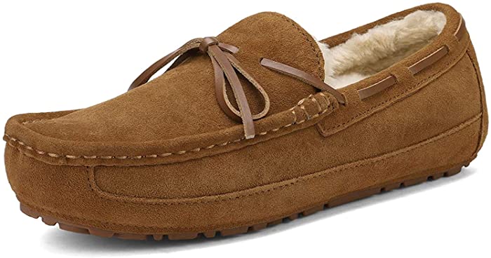 DREAM PAIRS Men's House Slippers Moccasin Indoor Outdoor Fuzzy Furry Loafers Suede Leather Warm Comfortable Shoes