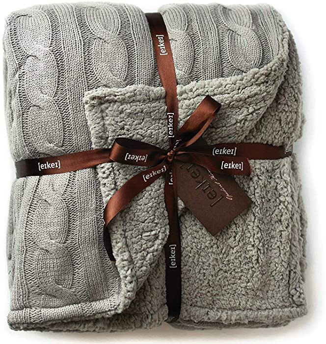 Cable Knit Sherpa Oversized Throw Reversible Blanket Faux Sheepskin Lined Cozy Cotton Blend Sweater Knitted Afghan in Grey White or Turquoise Blue (X-Large Grey)