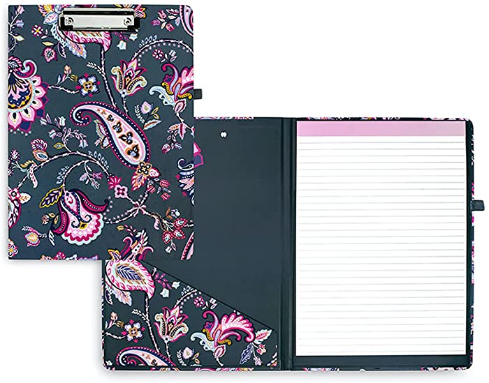 Vera Bradley Women's Pink/Grey Clipboard Folio with Refillable Lined Notepad, Interior Pocket, and Pen Loop, Felicity Paisley