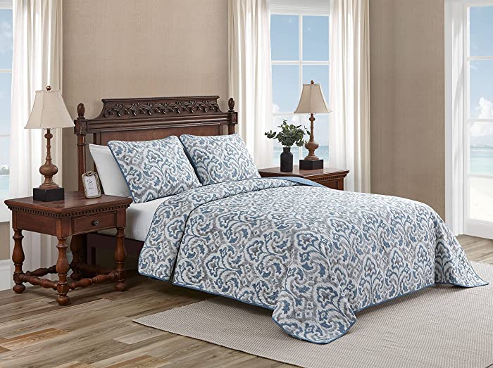 Tommy Bahama Cape Verde Collection Quilt Set-100% Cotton, Reversible, Lightweight & Breathable Bedding with Matching Shams, Pre-Washed for Added Softness, King, Smoke