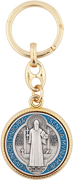 Saint Benedict Keychain | Patron Saint of Europe and Students | Gold-Tone with Blue and Red Accents | Sturdy Construction | Great Catholic Gift | Made in Italy