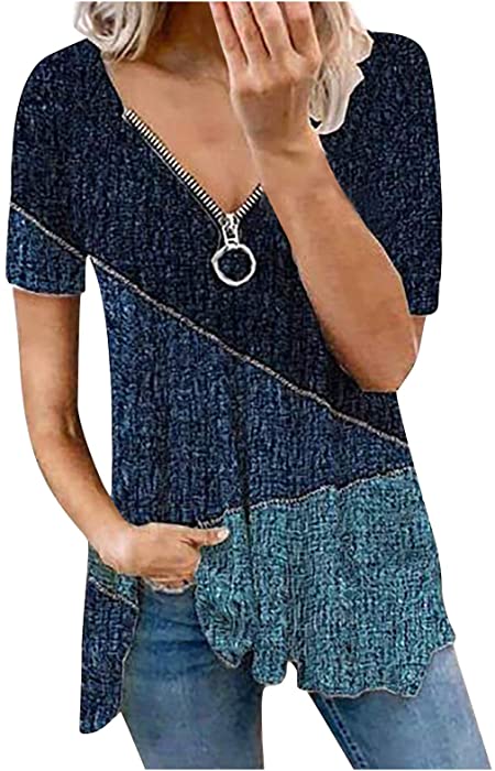 Women V-Neck Short Sleeve Lace Blouses Sexy Cutout Zip Up Cold Shoulder Tee Tops T-Shirts Summer Plus Size Flowy Tunic