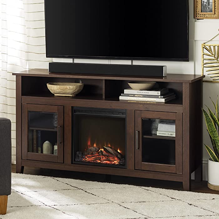 Walker Edison Glenwood Rustic Farmhouse Glass Door Highboy Fireplace TV Stand for TVs up to 65 Inches, 58 Inch, Brown