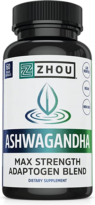 Zhou Nutrition Ashwagandha, Natural Adaptogenic Supplement with Rhodiola, for Stress and Occasional Anxiety Relief, 30 Servings, Multi, 60 Count