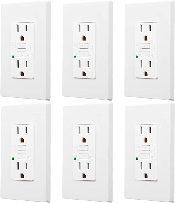 TORCHSTAR 15 Amp GFCI Receptacles, Dual AC Outlets, Surge-Protected, Screw-Less Wall Plate Included + LED Indicator Light, ETL-Listed, 120V, White, Pack of 6