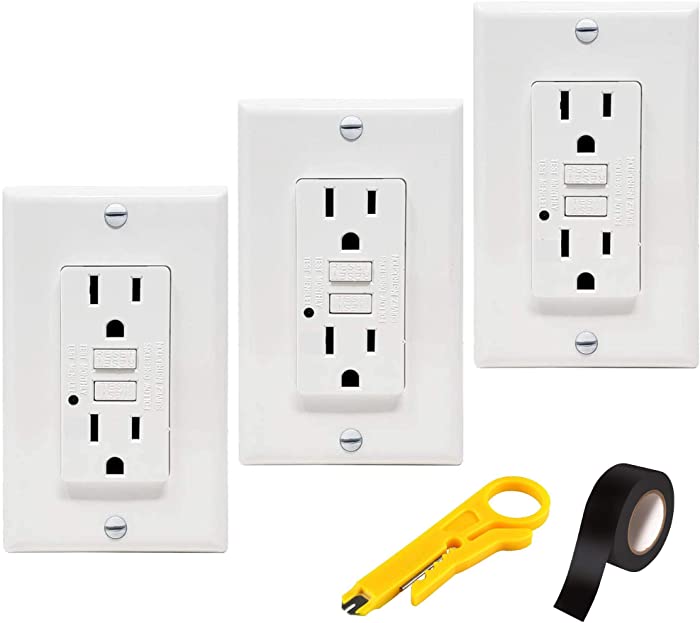 TEKLECTRIC - GFCI Receptacle 15A 125V Tamper Resistant + Wall Plate - GFCI Outlet 15 AMP 125 VOLT Grounded - Wall Plate and Screws Included WHITE (3 Pack)