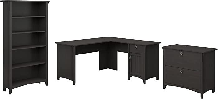 Bush Furniture Salinas L Shaped Desk with Lateral File Cabinet and 5 Shelf Bookcase, 60W, Vintage Black