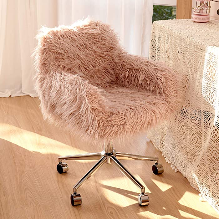 Recaceik Faux Fur Vanity Chair, Pink Arm Chrome Base Office Compact Padded Seat, Upholstered Decorative Furniture Ottoman Desk Chairs for Teens Girls, Living Room, Bedroom and Dressing Room