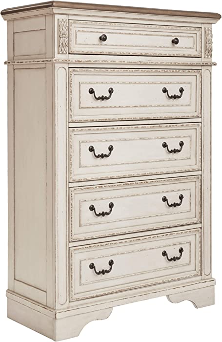 Signature Design by Ashley Realyn French Country Two Tone 5 Drawer Chest of Drawers, Chipped White