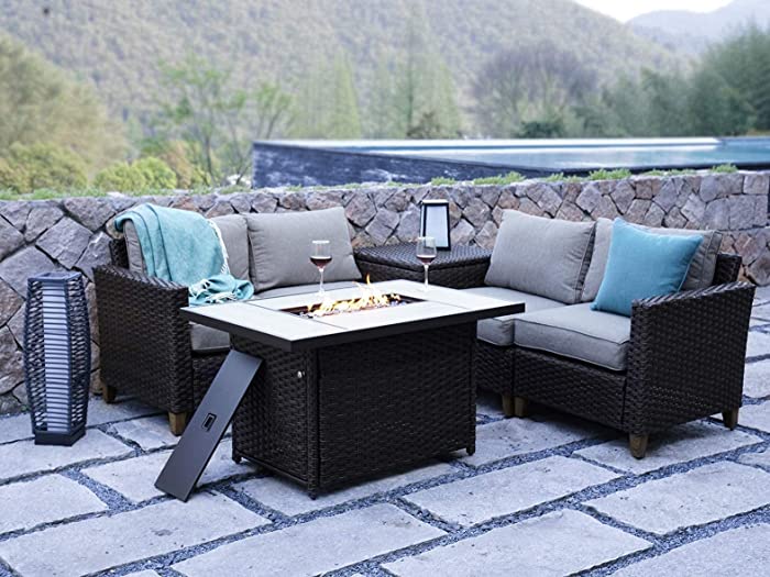 Grand Patio Sofa Sets 6 Pieces Conversation Set with Fire Pit Table, PE Rattan Wicker Patio Furniture Sectional Sofa with Thick Cushions for Yard Garden Porch(Brown Set with Fire Table, 6 PCS)
