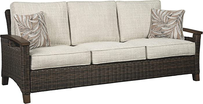 Signature Design by Ashley Paradise Trail Outdoor Patio Sofa with Cushion and 2 Pillows, Brown & Beige