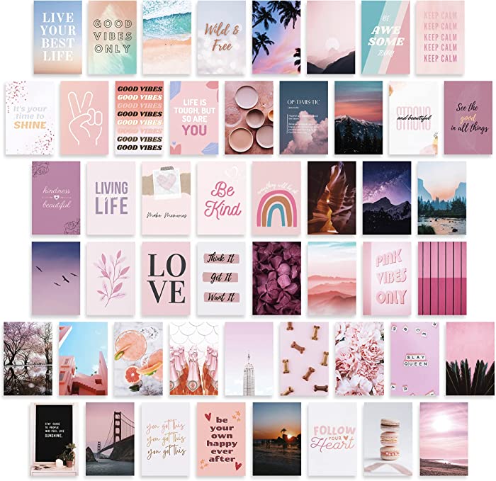 Boho Aesthetics Wall Collage Kit - 50 Pcs Pink Pur 4x6" Room Decor for Boys and Girls Teen Dorm Bedroom Photo Poster Picture, Small Warm Colorful Cute VSCO Cover Print of Art for Display
