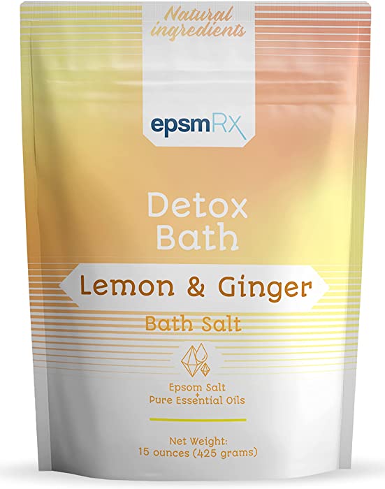 epsmRx Detox Bath Salt 15 Oz Epsom Salt Bath Soak Pouch, Lemon Essential Oil, Ginger Essential Oil