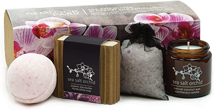 Artisanal Spa Collection | Apothecary Candle, Shea Butter Soap, Bath Bomb, Mineral Salt Bath Soak | Handcrafted with Organic Ingredients (Sea Salt Orchid)