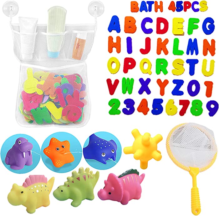 45 Pack Bath Toys for Toddlers Kids, Baby Bathtub Toys in Bathroom Pool Bath Time for 1-3-6 Year Old Boy Girls, Marine Animals Squirter Toy,Dinosaur Squeeze Toy Etc with Organizer Bag