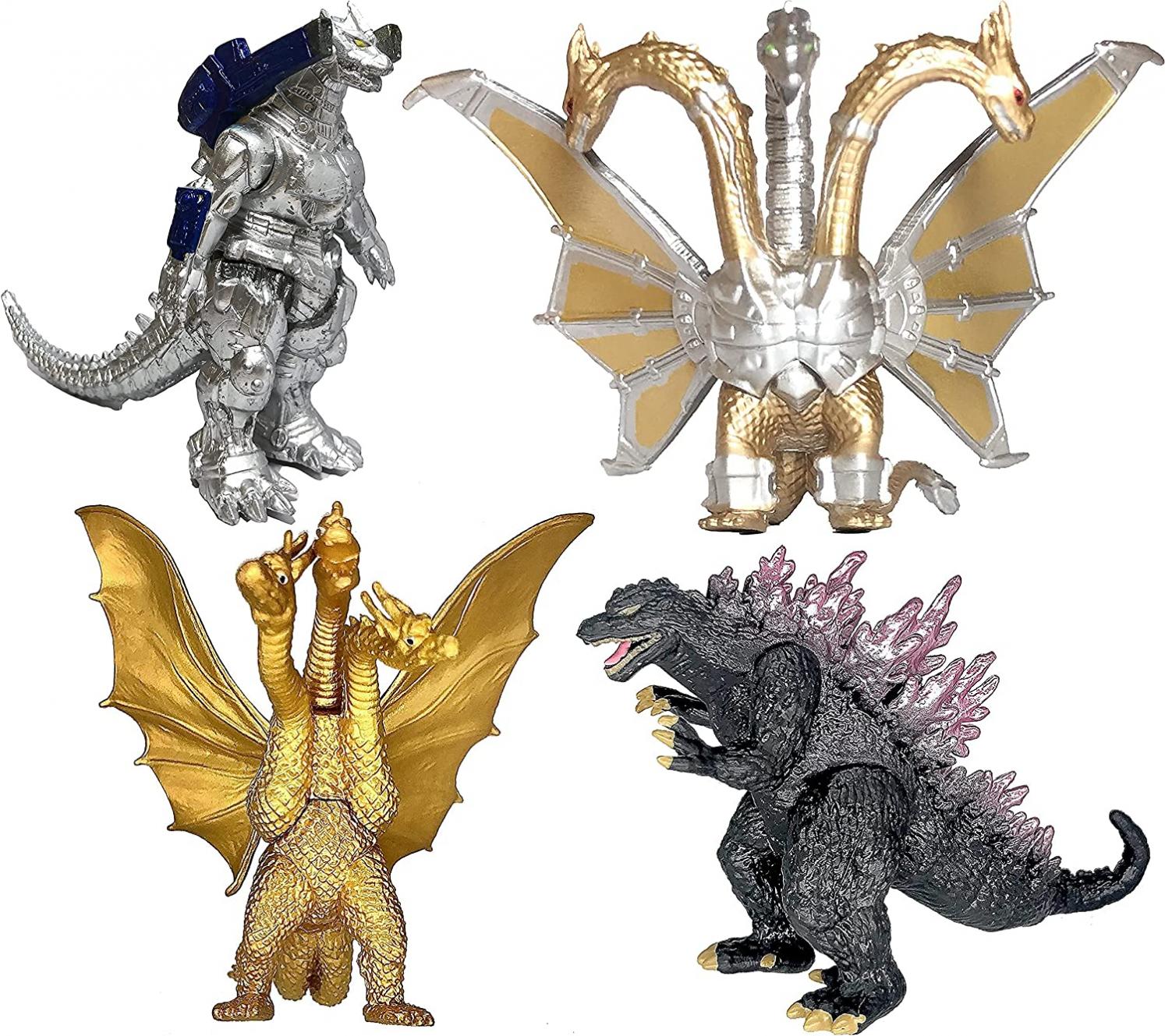 TwCare Set of 4 Godzilla Toys Movable Joint Action Figures King of The Monsters Burning Heisei Mecha Ghidorah Pack Plastic Mini Dinosaur Birthday Kids Cake Toppers Package