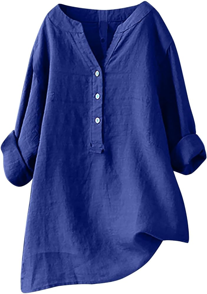 Ceboyel Linen Tops for Women Half Sleeve V Neck Summer Blouse Button Down Tunic Shirt Causal Loose Boho Clothes 2023