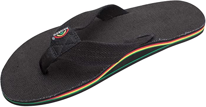 Rainbow Sandals Hemp Rasta - Single Layer Black Hemp with Rastafarian Colored Mid Sole Mens