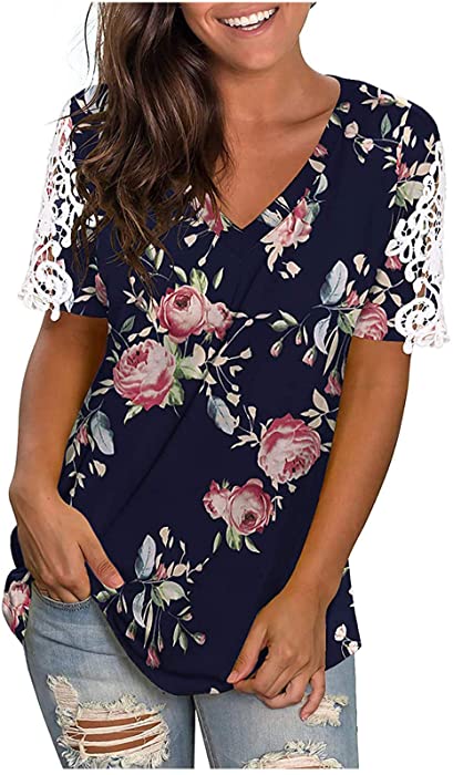 Short Sleeve Shirts for Women Sexy V Neck Tops 1/4 Zip Blouse Cute Print Stripes Spcling Casual Loose Summer J4 - Navy Large