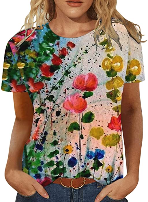 Womens Summer Tops Short Sleeve Fashion Casual Trendy Printed Tshirts Crew Neck Tee Shirt Cute T Shirts Ladies Blouses