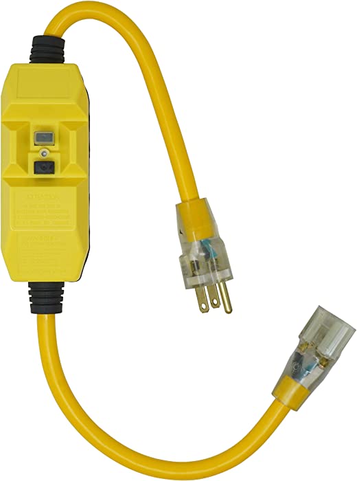 Woods 2817 Jacket Contractor Grade SJTW Super Flexible Extension Cord with in-Line Gfci and Lightened End, 3 12 Awg, 15 A, 1-Outlet, Yellow