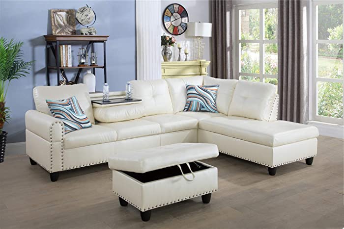 Ainehome Living Room Sectional Set, Leather Sectional Sofa in Home, with Storage Ottoman and Matching Pillows (Right Hand Facing, Ivory White)