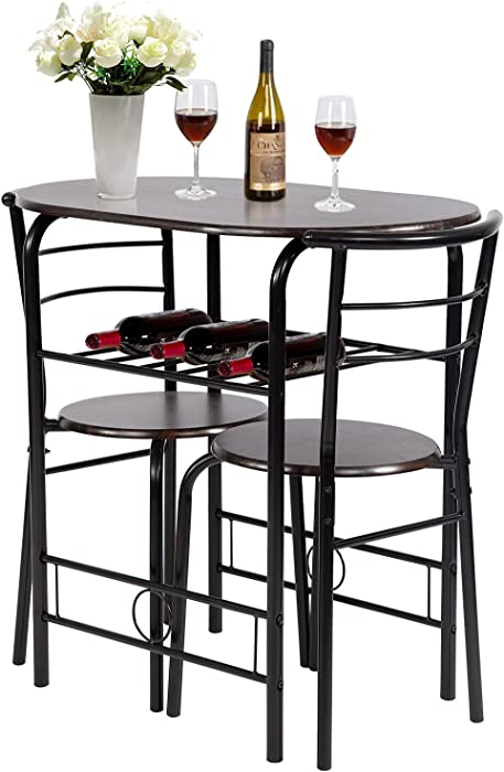 3-Piece Round Table and Chair Set for Kitchen Dining Room Bar Breakfast,Compact Space Metal Frame,Wine Rack