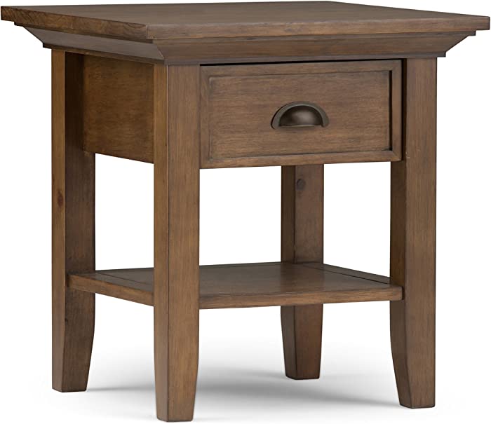 SIMPLIHOME Redmond SOLID WOOD 19 inch wide Square Transitional End Side Table in Transitional Natural Aged Brown with Storage, 1 Drawer and 1 Shelf, for the Living Room and Bedroom