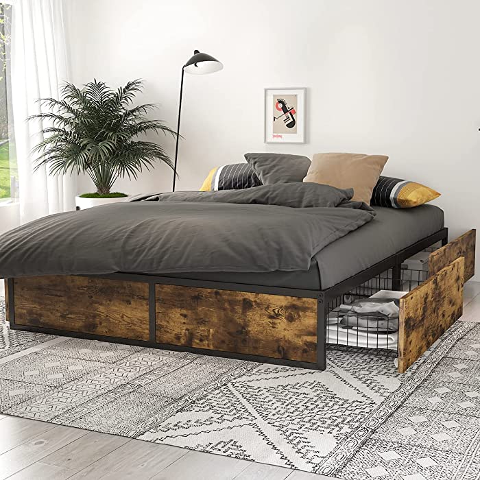 SHA CERLIN Industrial Queen Platform Bed Frame with 4 Drawers Storage, Mattress Foundation with Metal Slat Support, No Box Spring Needed, Large Storage Space, Easy Assembly