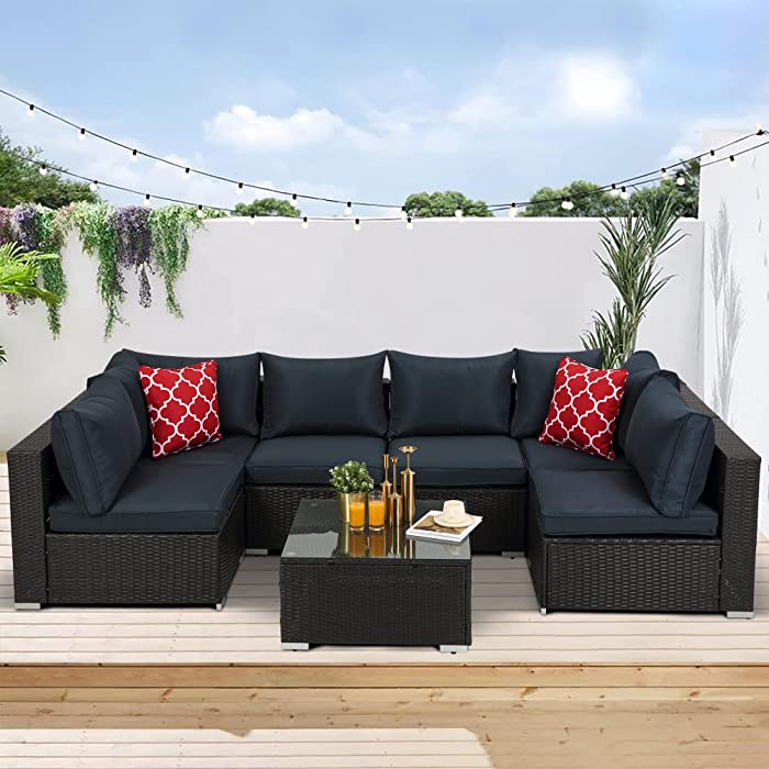 7 Pieces Wicker Patio Furniture Set, Rattan Outdoor Sectional Sofa, Patio Couch Conversation Sets with Glass Table and Cushions, Espresso & Blue